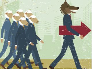 Sheep-headed men following a leader.